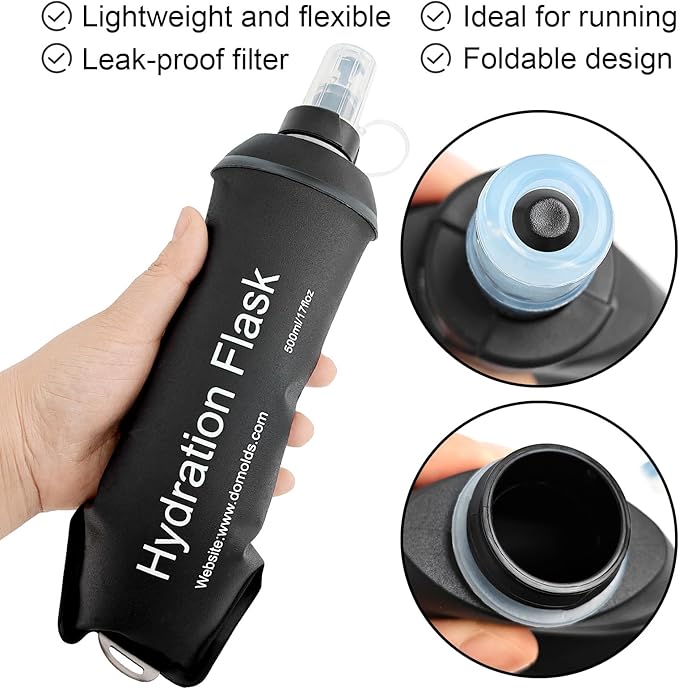 WILDREEDS 500ml Soft Flask, TPU Collapsible Soft Water Bottle for Hydration Pack, Running Vest, Folding Water Bottle for Hiking Cycling Climbing-1Pcs, Black