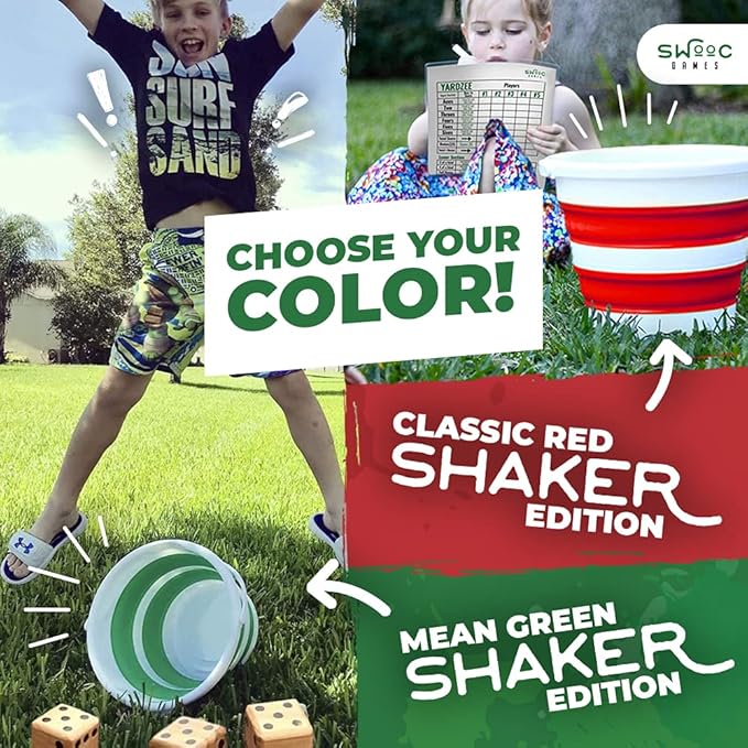 SWOOC Games - Yardzee, Farkle & 20+ Games - Classic Red Shaker Edition (All Weather) - Yard Dice Game Set with Red Collapsible Bucket, Lid, 5 Big Laminated Score Cards & Marker - Outdoor Yard Game