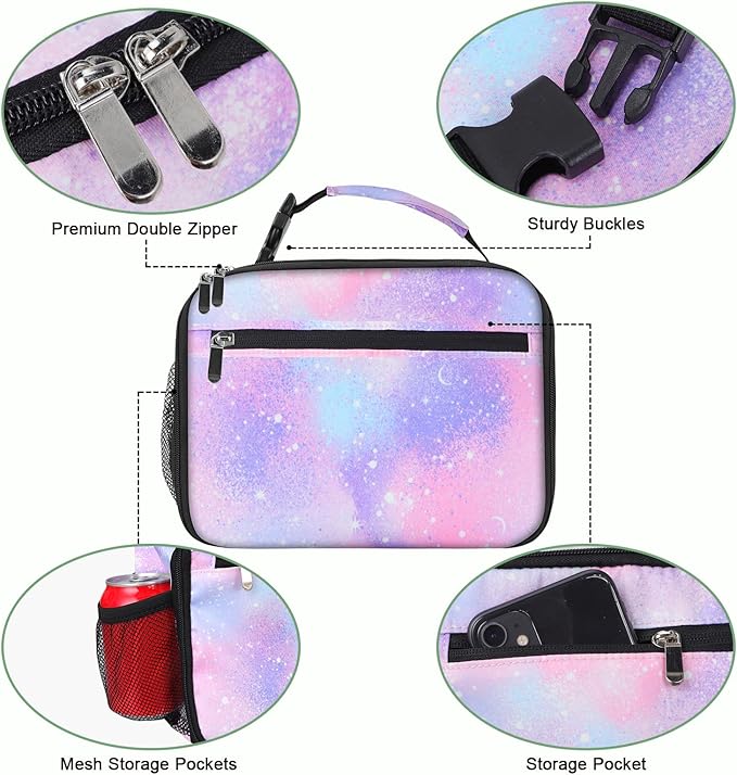 Kids Lunch Box for Boys Girls Lunch Bag Insulated Durable Lunchbox Children Lunch Tote Bag for School Pink Starry Sky