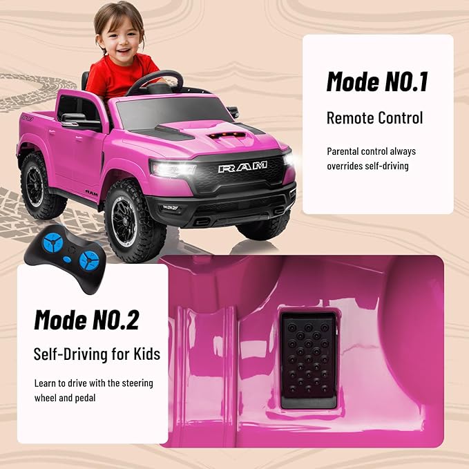 Ram 1500 Ride on Toys for Kids 4-8, Ride on Pickup Truck for Toddlers with Remote Control,12V Battery Powered Car with Trunk, Bluetooth, Music, Safety Belt (Pink)