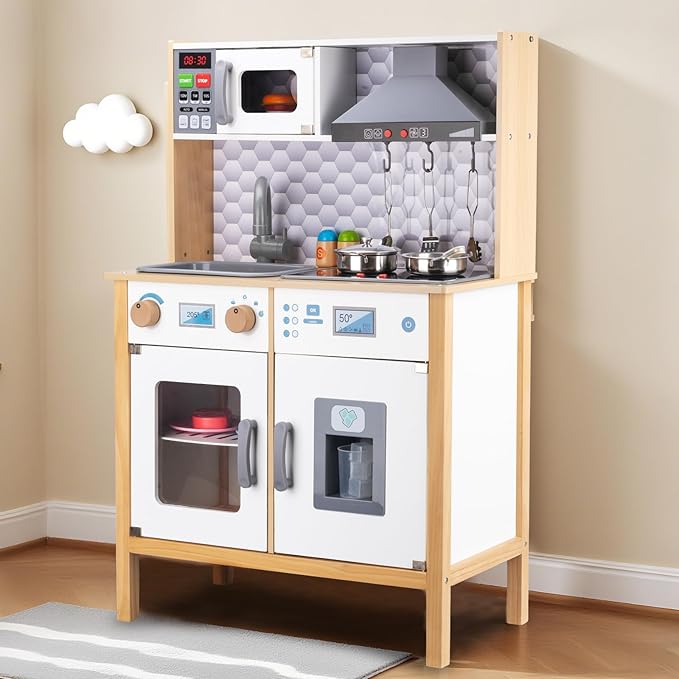 Wooden Play Kitchen for Kids – Pretend Play Kitchen Set with Cooking Accessories, Real Lights & Sounds | Chef Pretend Kitchen Playset for Toddlers, Wooden Kitchen Set with 6 Pcs Toy Food