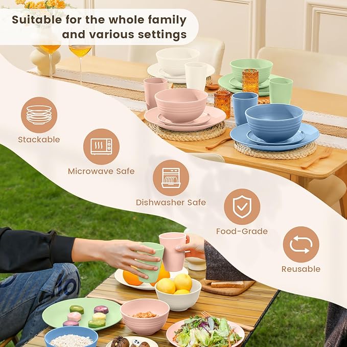 Homienly Premium Dinnerwave Sets, Lightweight & Unbreakable Wheat Straw Dish Set - Plates and Bowls Set with Cups, 16 PCS Microwave and Dishwasher Safe Dinnerware Set - Multi Light