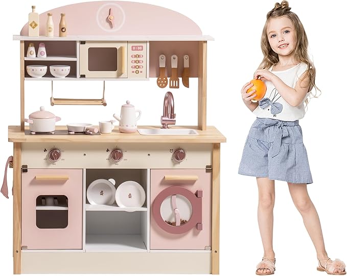 ROBOTIME Wooden Play Kitchen Set, Pretend Play Kitchen Set for Kids with Realistic Design, Kids & Toddlers Kitchen Playset with Dishwasher, Toy Kitchen Set for Boys and Girls Ages 3+ (Pink)
