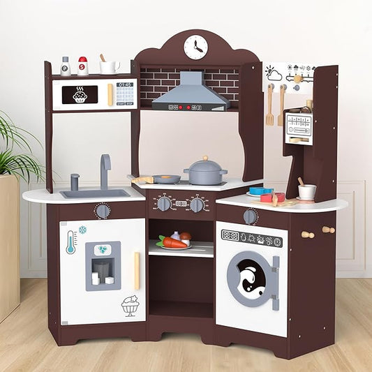 ANPABO Play Kitchen for Kids, Wooden Kids Kitchen Playset for Toddlers with Lights & Sounds, Pretend Play Toys with Coffee & Ice Maker, 30Pcs Toy Kitchen Accessories Gift for Boy&Girl (Espresso)