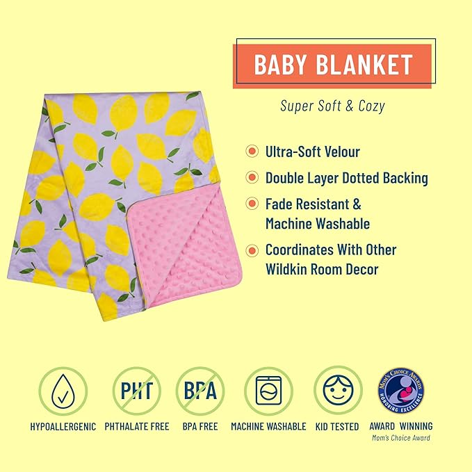 Wildkin Plush Baby Blanket – Soft & Cozy Comfort, Ideal for Toddlers, Travel & Daycare - Lilac Lemonade