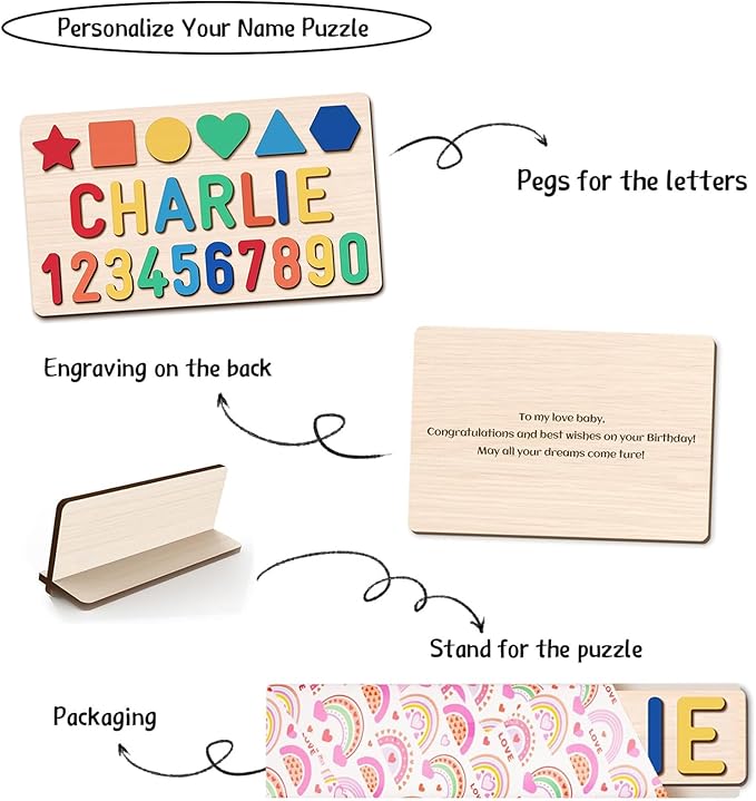Name Puzzle for Kids Personalized, Wooden Shapes Name Puzzles for Toddlers 1-3, Engraved Text Greetings on Back, Custom Baby 1st Birthday Gifts for Girl&Boy, Kids Sensory Toys (Numbers Name Puzzle)