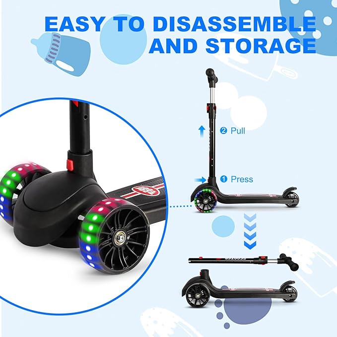 LENOGE Kids Scooter, Toddler Scooter with 3 Flashing LED Big PU Wheels Kick Scooter for Kids Folding Adjustable Height Kick Scooter Toys for Ages 3-6 Boys Girls