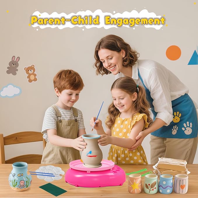 Pottery Wheel for Kids– Complete DIY Pottery Painting Kit for Ages 8-12 Beginners with 4 Air-Dry Clay Packs and Tools, Arts & Crafts Supplies Toys Birthday Gift for Boys Girls 6+ Years Old (Pink)