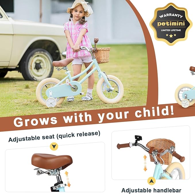 Petimini Girls Bike with Basket for 2-12 Years Old Kids, 12 14 16 18 20 Inch Bicycle with Bell Training Wheels Basket, Multiple Colors