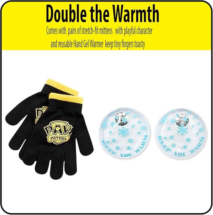Nicklelodeon Paw Patrol Boy's Winter Hat and 2 Pair of Gloves or Mittens Set (Age 2-7) Size Age 4-7, Paw Patrol Black Glove with Handwarmers