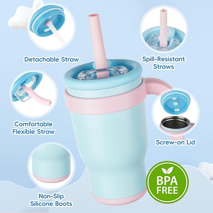 14oz Toddler Sippy Cup Vacuum Insulated Stainless Steel Kids Cup with Handle, Spill-Proof Straw, Leak-Proof Travel Cup for Home or On-the-Go