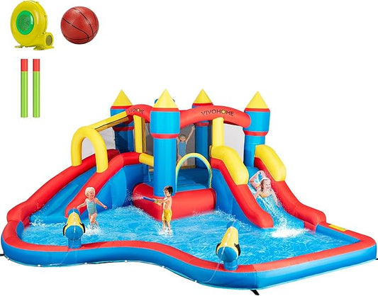 VIVOHOME 6 in 1 Bounce House for Kids, Big Swimming Pool Bouncy Castle with Slide, 15x14 FT Inflated Bouncer for Outdoor with Blower, Basketball, Climb, Srinkler, Water Pool, Water Gun