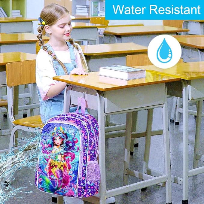 CCJPX 3PCS Kids Backpack for Girls, 16”Mermaid Sequin Preschool Bookbag Set, Cute Water Resistant School Bag for Elementary Kindergarten Toddler