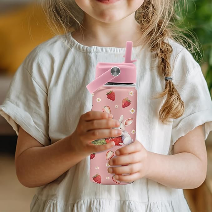 Bunny Gifts for Girls, Cute Water Bottle 16 oz Rabbits Strawberries Water Bottles with Straw Lid, Stainless Steel Insulated Tumbler, Cute Bunny Cup Gifts for Birthday Christmas