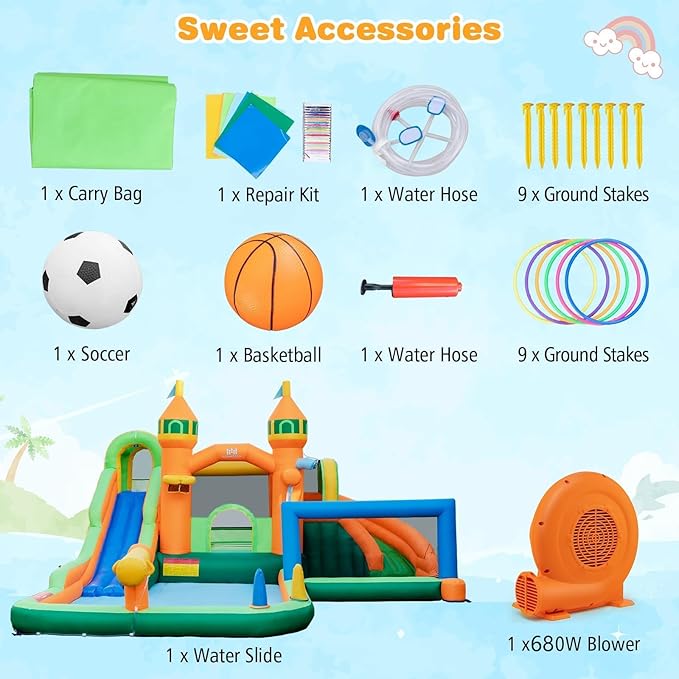 BOUNTECH Inflatable Water Slide, 9 in 1 Dual Slides Kids Water Park Jump Castle Water Soccer, Splash Pool, Water Slides Inflatables for Outdoor, Backyard Water Slide Bounce House with GFCI Blower