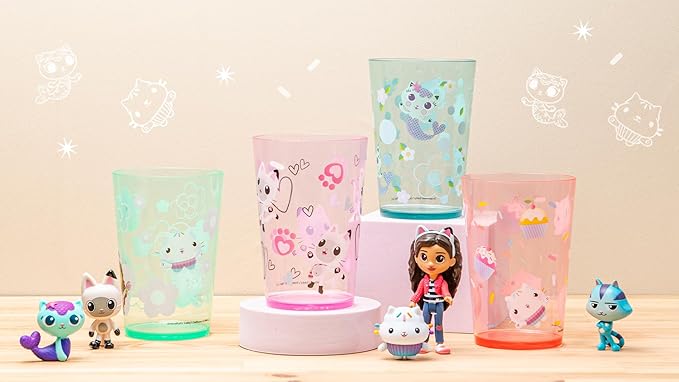 Zak Designs DreamWorks Gabby's Dollhouse Nesting Tumbler Set for At Home, 14.5oz Non-BPA Plastic Cups, 4-Pack (Gabby, Pandy Paws, Cakey Cat, Mercat, Kitty Fairy, Baby Box)