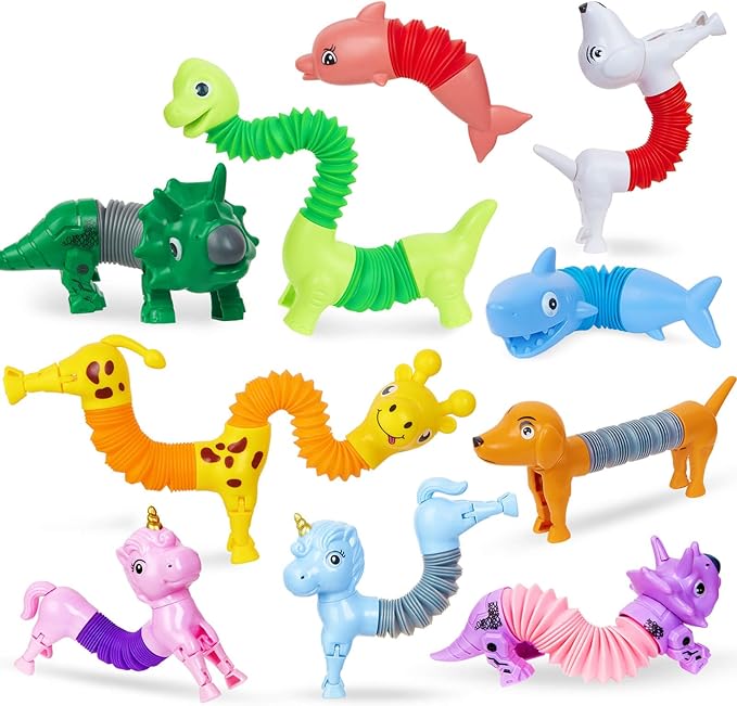 Animal Pop Tubes Fidget Toys 10PCS, Sensory Toys for Autism & Stress Relief, Travel Toys for Car and Airplane, Christmas Stocking Stuffers for Kids & Toddlers