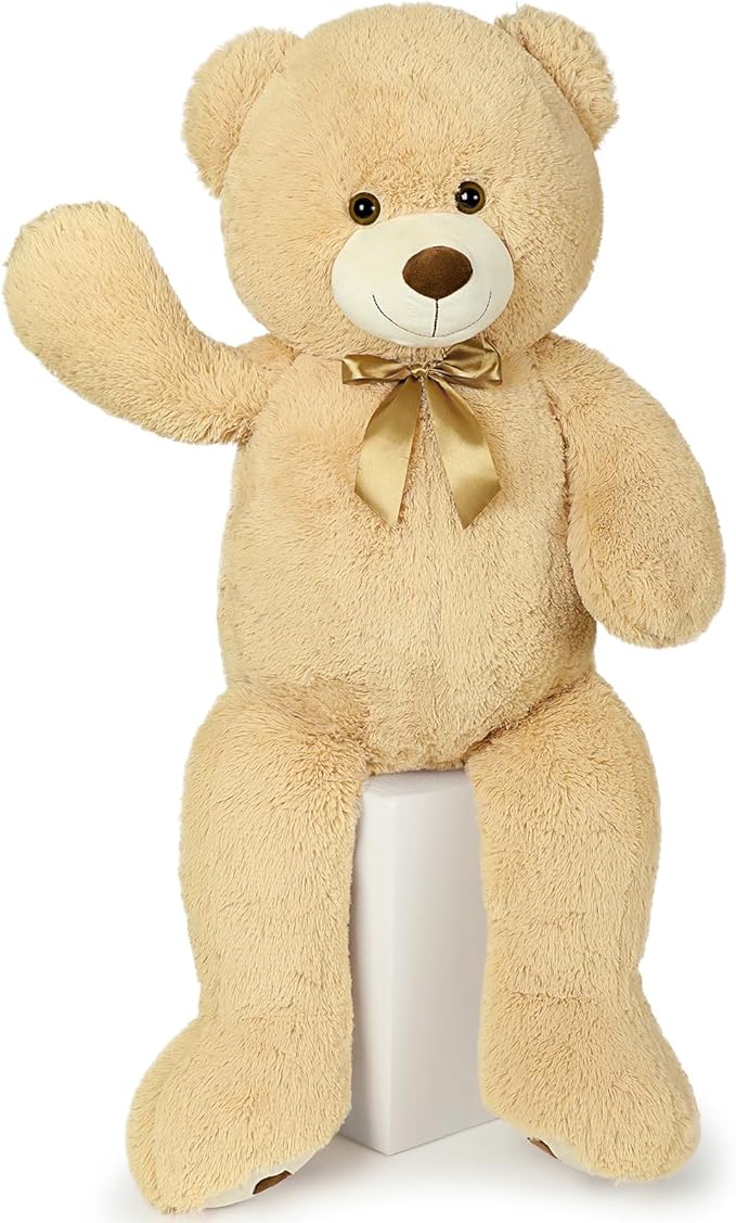 MaoGoLan Giant Teddy Bear Stuffed Animal, 39" Large Tan Teddy Bear Plush Toy with Cute Bow Tie & Footprints, Soft Sunggle Bear Plushies Gift for Kids Grilfriend Wife on Christmas Birthday Baby Shower