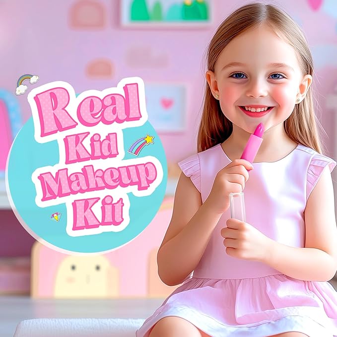 ULOVEME Kids Real Makeup Kit for Girls with Fluffy Purse - Real, Non Toxic, Washable Make Up Toy - Umicorn Toys Gift for 3 4 5 6 7 8 Years Old Girls Birthday