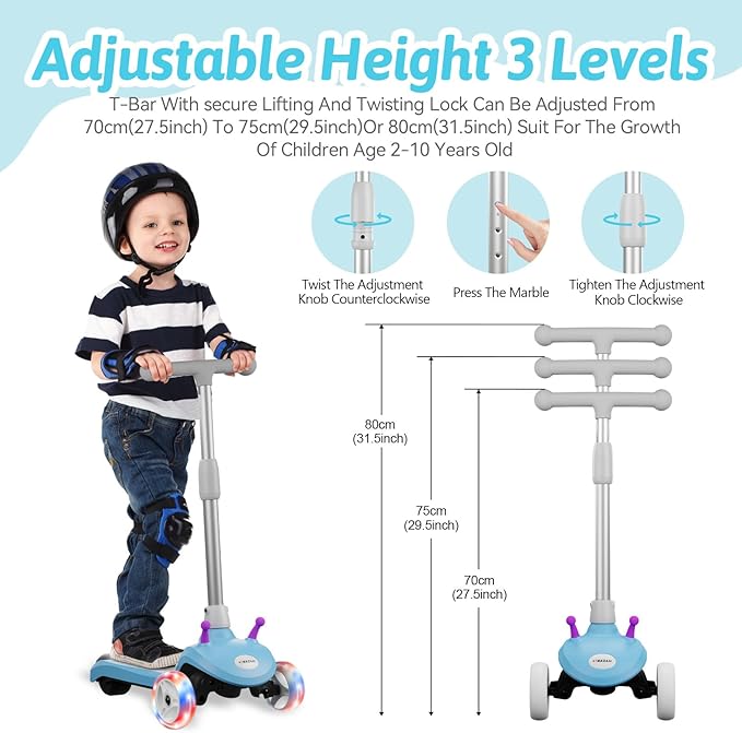 Electric Scooter for Kids Ages 3-8, 3 Wheel Kids Electric Scooter with LED Light-up Wheels, 3 Height Adjustable, C-Shaped Handle, Lean-to Steer Design, Best Children's Gifts