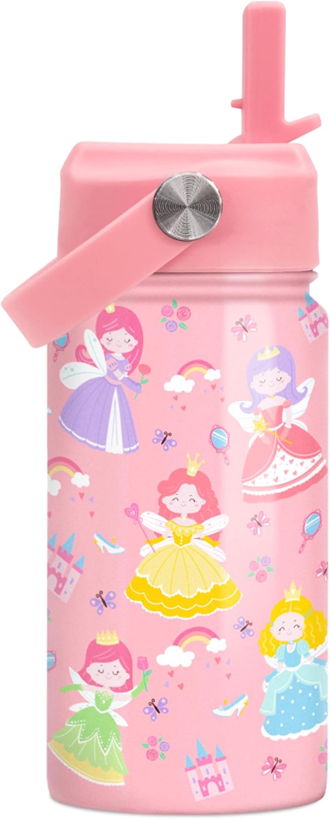 Princess Water Bottle for Girls - Kids Water Bottle with Straw Lid - 12 Oz Insulated Stainless Steel Water Bottles for Kid - Travel Cup for School Sports