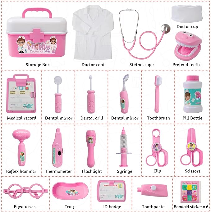 Durable Doctor Kit for Kids, 27 Pcs Deluxe Pretend Play Set Medical Toy with Real Stethoscope for Toddlers Boys Girls Christmas Birthday Gift Aged 3 4 5 6 7 8(Pink)