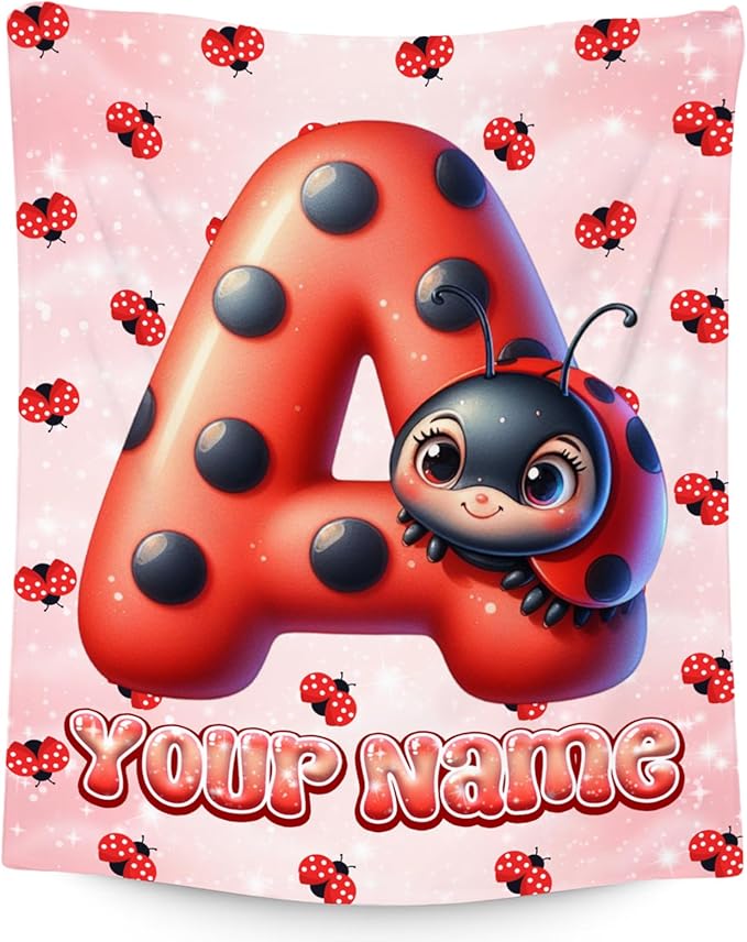 Custom Blanket with Name - Kids Blankets with Ladybug for Girls Boys - Personalized Monogram Gifts for Daughter Son - Fuzzy Plush Flannel Throws - 4 Sizes for Toddler/Children/Teens/Adults