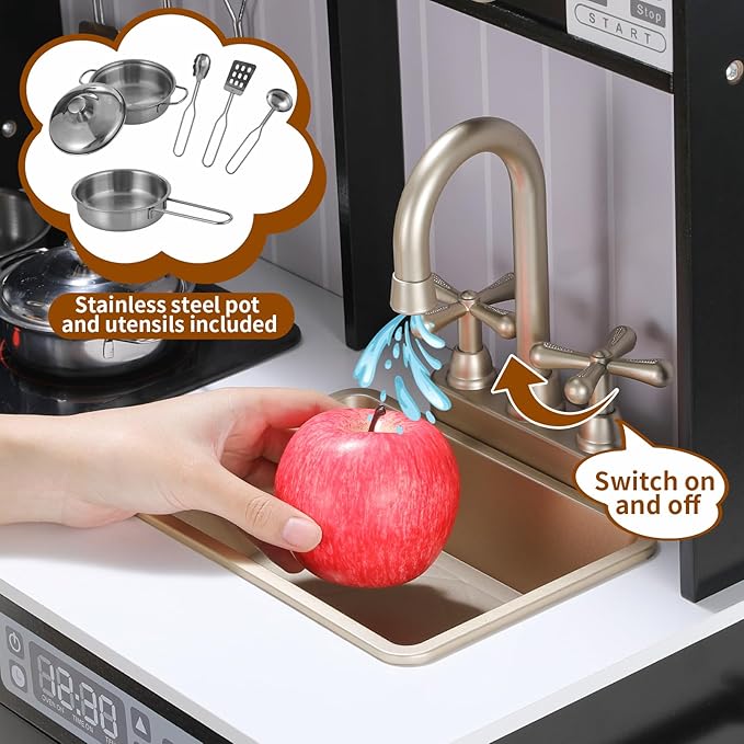 Arlopu Play Kitchen for Kids, Wooden Toy Toddler Kitchen Sets, Sturdy Pretend Cooking Playset with Storage & Accessories, Realistic Light & Sound, Stove, Fridge, Microwave, Removable Sink (Black)