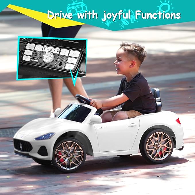 Joywhale 12V Kids Ride on Car Licensed Maserati Battery Powered Electric Vehicle for Ages 3-6, with 2.4G Remote Control, Metal Suspension, Safety Belt, Bright Headlights, Music & FM, White, DP-M02L