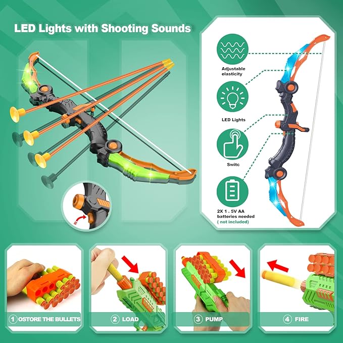 SpringFlower 2 Bow and Arrow Sets with LED Light-up,2 Foam Dart Guns for Kids 5 6 7 8 9 10+ Years Old, Archery Set with Standing Target for Boys & Girl, Ideal Gift