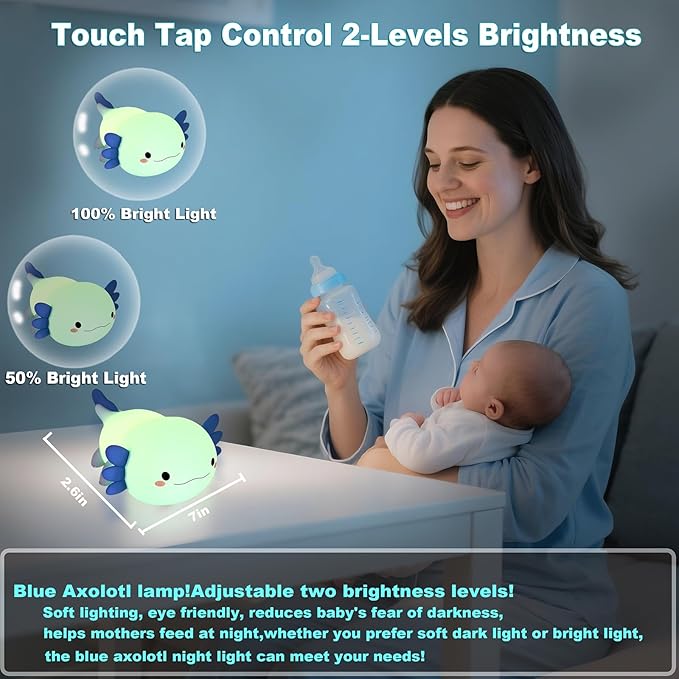 HAPPYBAG Axolotl Night Light,Cute Axolotl lamp Gifts for Kids,Dimmable Silicone Animal Nursery Night Light,Kawaii Rechargeable Bedside Touch Lamp,Baby Room Decor Axolotl Light