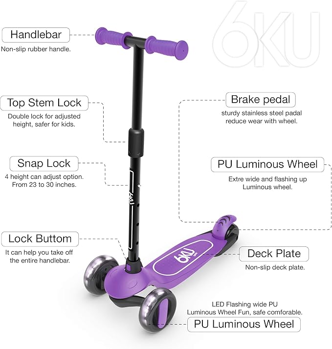 6KU Scooter for Kids Ages 3-10 with Flash Wheels, Kids Scooter 4 Adjustable Height, Toddler Scooter Extra-Wide PU LED Wheels, 3 Wheel Scooter for Kids for Girls & Boys Learn to Steer…