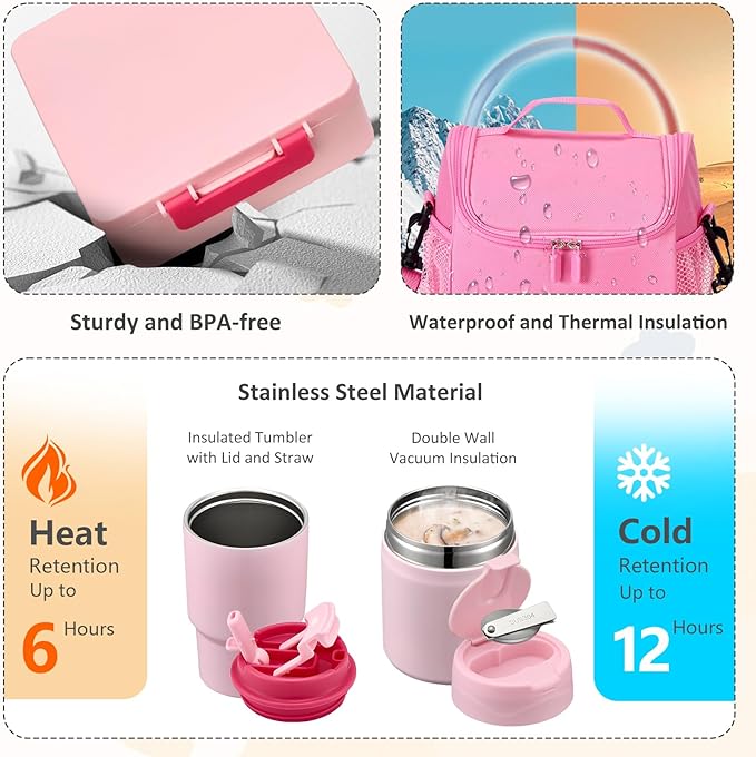 Lunch Box Set with Bento Box Container, 17OZ Stainless Steel Food Soup Thermo, Kids Water Bottle & Portable Insulated Lunch Bag – Leakproof, Hot/Cold Retention for School, Travel(Pink)