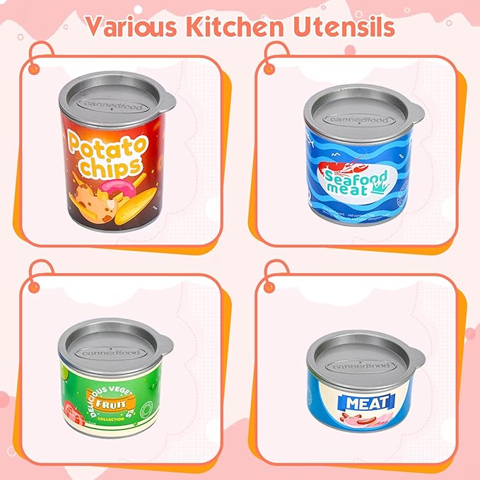 118Pcs Mini Play Kitchen Accessories for Kids, Pretend Cooking Playset with Cookware, Tableware & 2 Fruit Sets, Learning Gift for Girls, Boys, Toddlers, Pink