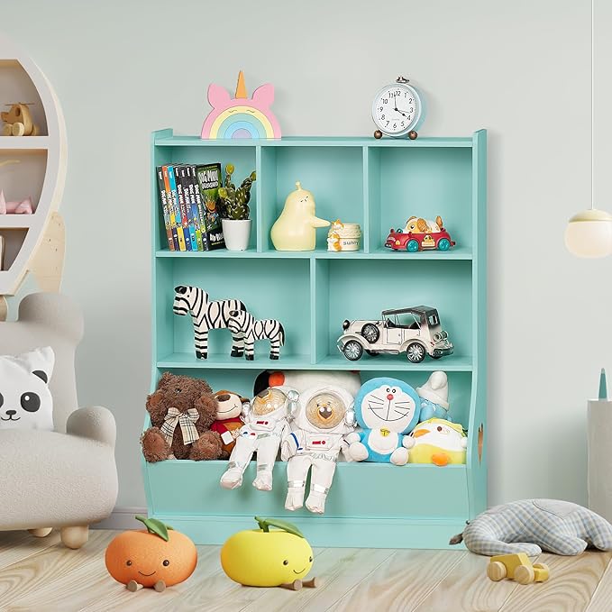 Lerliuo Kids Toy Storage Organizer, 3 Tier Children Small Bookcase and Bookshelf, Toddler 7 Cubby Toy Storage Cabinet, Toy Shelf for Playroom, Bedroom, Living Room, Nursery, School 29.53'' H (Green)