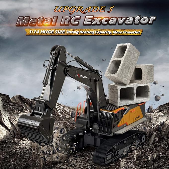 kolegend Remote Control Excavator Toy 1/14 Scale RC Excavator, 22 Channel Upgrade Full Functional Construction Vehicles Rechargeable RC Truck with Metal Shovel and Lights Sounds