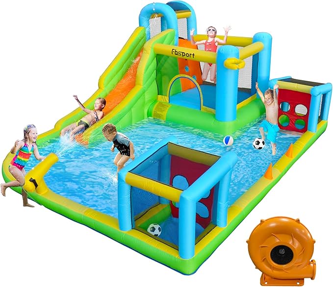 FBSPORT Inflatable Bounce House, 9 in 1 Water Slide with Blower, Bouncy House for Kids Indoor Outdoor Wet Dry Combo Water Bounce House with Football Shooting, Water Gun, Splash Pool, Bounce Area, Hose