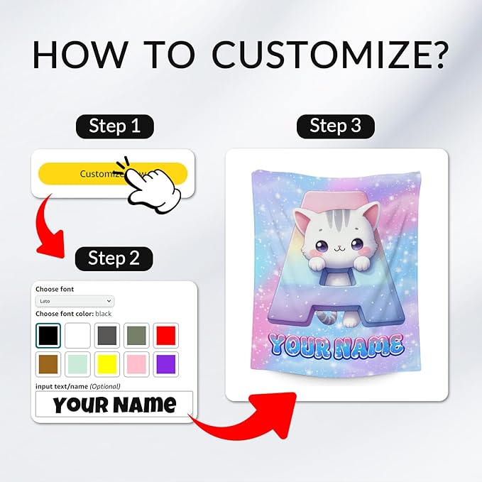 Girls Blanket - Personalized Cat Blankets with Name for Kids - Custom Monogram Gifts for Daughter - Plush Cozy Flannel Throws - 4 Sizes for Toddler/Children/Teens/Adults