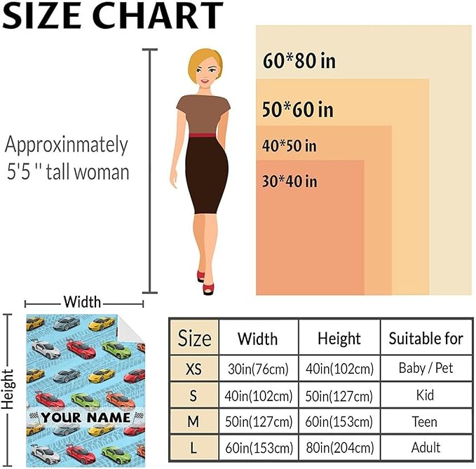 Personalized Car Blanket Gifts for Kids - 50x60 Inches Cute Cars Throw Blanket for Boys Men Race Sport Car Lovers - Custom Blue Soft Fuzzy Blankets for Couch Sofa Bed