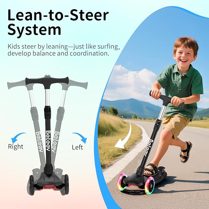 BELEEV Scooters for Kids 3 Wheel Kick Scooter for Toddlers Girls Boys, 4 Adjustable Height, Lean to Steer, Light up Wheels, Extra-Wide Deck, Easy to Assemble for Children Ages 3-12 (Rose Pink)