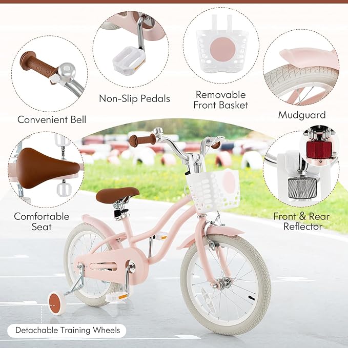 COSTWAY Kids Bike, 12 14 16 18 Inch Toddler Bike Children Bicycle w/Training Wheels, Hand & Coaster Brakes, Adjustable Saddle & Handlebar, Basket, Bell, Kids Bicycle for Girls Boys Aged 3-8 Years Old