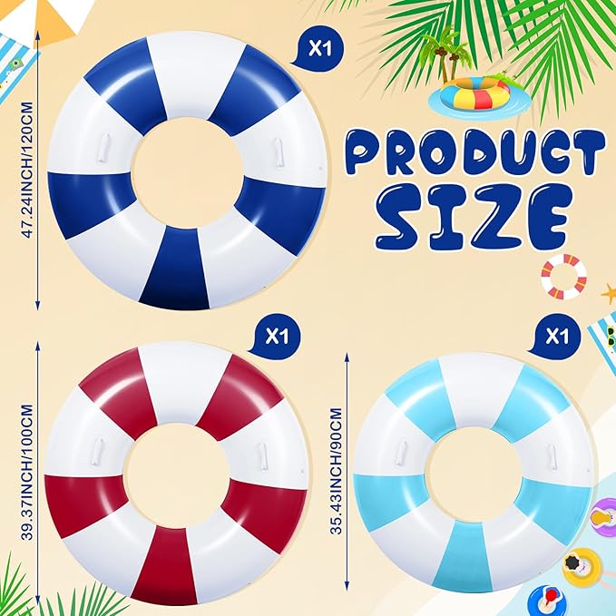 3 Pcs Large Swim Ring with Handles Set 47.24" 39.37" 35.43" Inflatable Pool Inner Tube Classic Striped Pool Ring Floats for Adults Teens Summer Lounger Beach Party Supplies