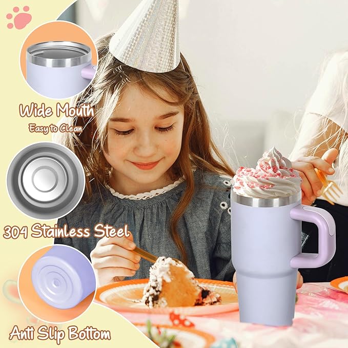 Cosictic 14 Oz Tumbler with Handle and Straw for Kids, Stainless Steel Double Wall Vacuum Insulated Cup for Children, 14 Oz Cups for Kids (Purple)