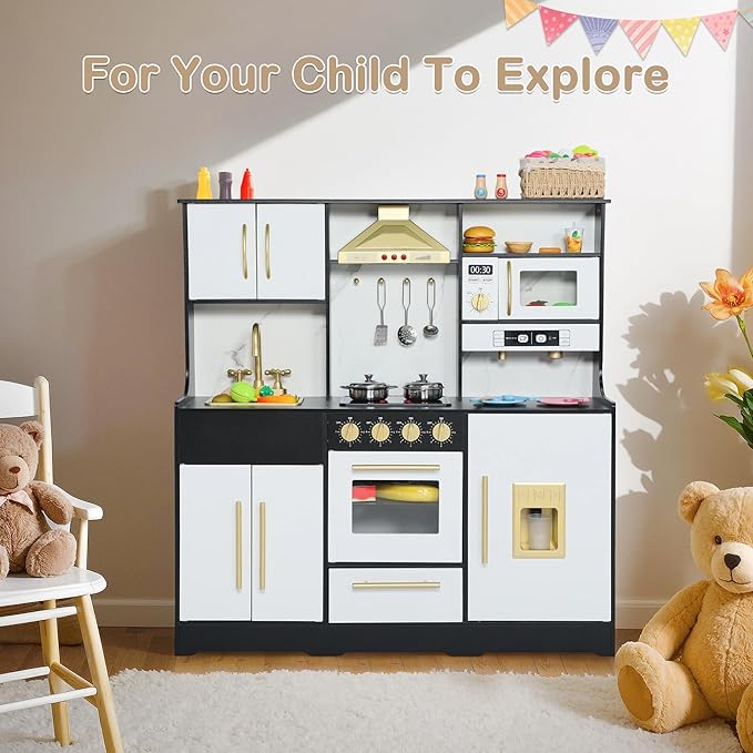 Kids Kitchen Playset, Wooden Play Kitchen with Toy Storage System, Pretend Play Kitchen Set Toy with Range Hood, Ice Maker & Coffee Maker, for Kids Ages 3+, Black