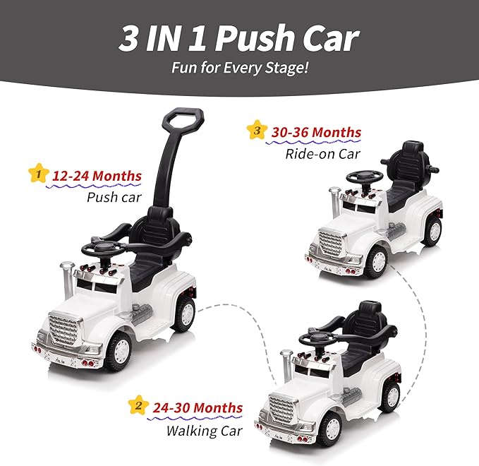 3-in-1 Ride on Push Car for Toddler with Handle, Toddler Ride on Toy for Boys, Stroller Sliding Walking Car w/Music, Horn and Lights - White