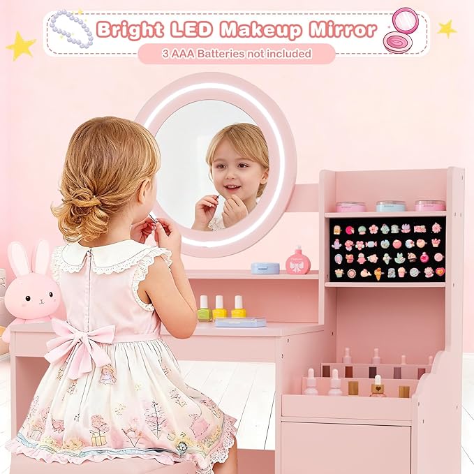 INFANS Kids Vanity with Lights, Princess Makeup Desk with Mirror Storage Shelves, Toddler Table and Chair Set Pretend Play for Girls Aged 4-9 (Pink)