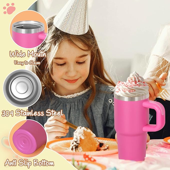 Cosictic 14 Oz Tumbler with Handle and Straw for Kids, Stainless Steel Double Wall Vacuum Insulated Cup for Children, 14 Oz Cups for Kids (Hot Pink)