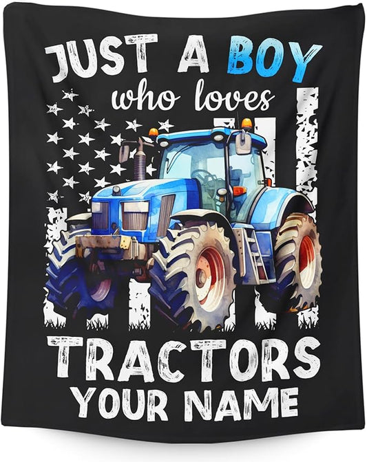 Personalized Tractor Blanket for Boys, Cute Farm Trucks Throw Blanket Gifts for Kids Truck Lovers, 30x40 Inches Custom Name Black Soft Flannel Car Blankets for Lap Couch Travel
