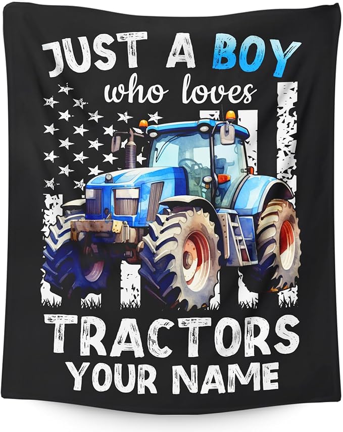 Personalized Tractor Blanket for Boys, Cute Farm Trucks Throw Blanket Gifts for Kids Teens Truck Lovers, 40x50 Inches Custom Name Black Soft Flannel Car Blankets for Couch