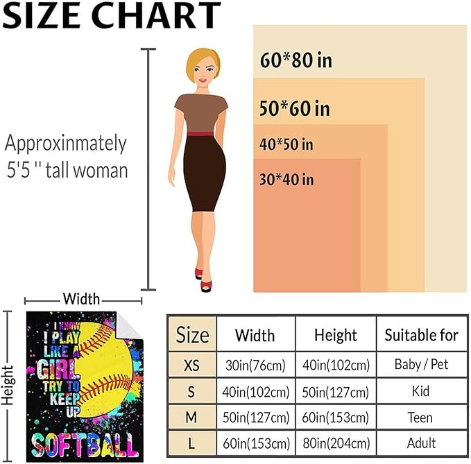Softball Stuff for Girls - 30x40 Inches Softball Throw Blanket for Kids - Black Warm Lightweight Blankets for Sofa, Lap & Office